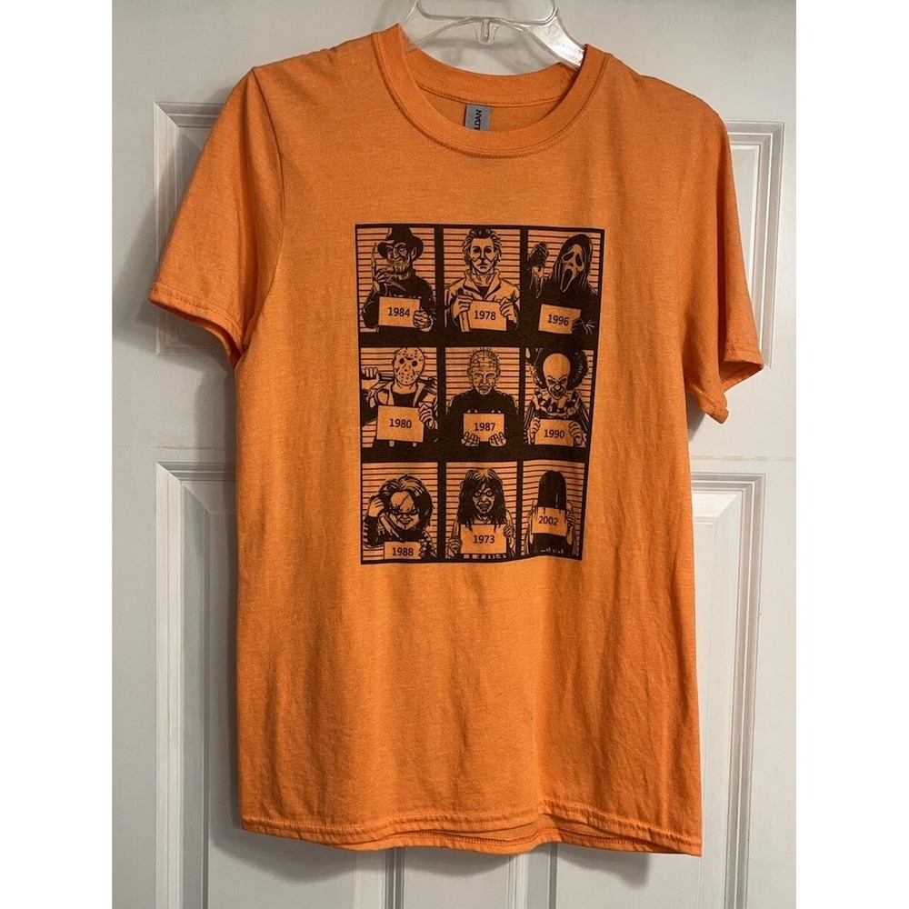 Horror Squad Mugshot T Shirt Movie Characters Halloween Spooky Orange Small Top